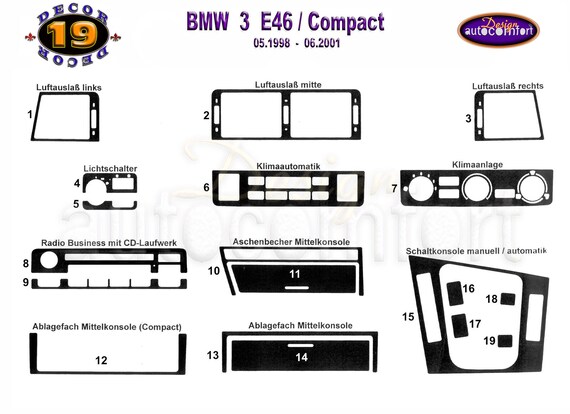 Interior Dash Trim Cover Set for BMW E46 1998-2002 19 PCS Piano Black Look  