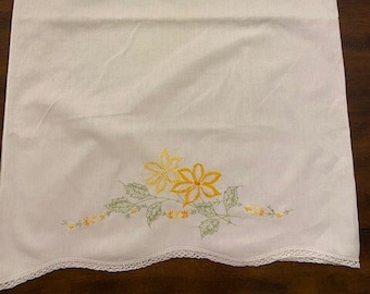 Single White Vintage Yellow Floral Embroidered Pillowcases with Crochet Trim