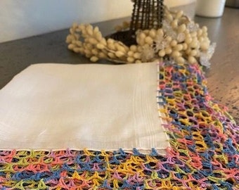 Vintage Rainbow Crochet Vintage Hanky 16.5 in x 16.5 in