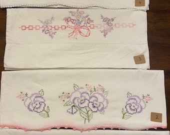 Single Vintage Lavendar & Pink Floral Embroidered Pillowcases Some with Crochet Trim (Sold Separately)