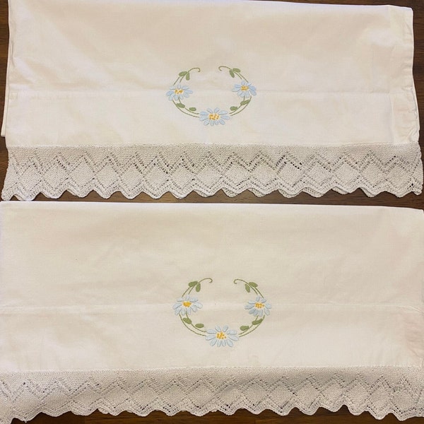 A Pair of Vintage Cotton Pillowcases 32 in L x 20 in W Blue Daisey Embroidered with Lace Trim
