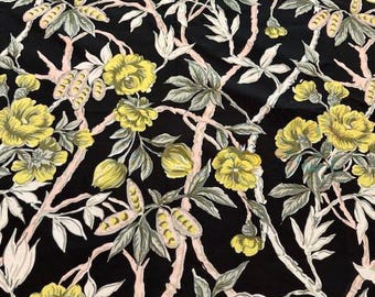 Vintage Chinoiserie Fabric, Hand Painted Satin Chiffon Blend, 2 Yards
