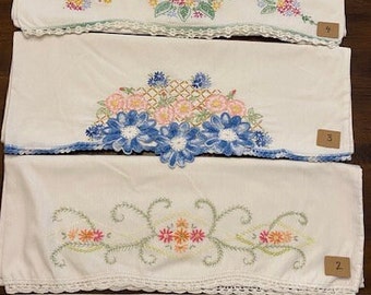 Single Vintage Multicolored Embroidered Pillowcases with Crochet Trim (Sold Separately)