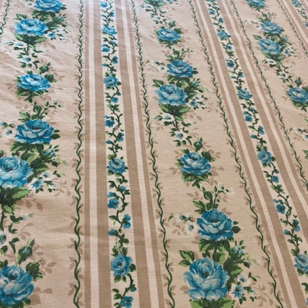 50.75" W x 53"L Vintage French Cotton Teal Rose Striped Fabric Tisseflore "Moritendie" Lavable Mode're' F