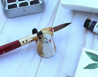 Cute Kitty Brush Rest, Pick from 5 Types of Kawaii Cat Ceramic Paint Brush Holder, Watercolor Accessory, Artist Gift, Free Shipping