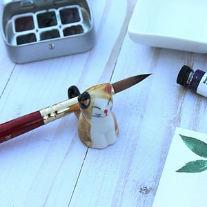 Cute Kitty Brush Rest, Kawaii Cat Ceramic Paint Brush Holder, Watercolor Accessory, Artist Gift, Free Shipping image 1