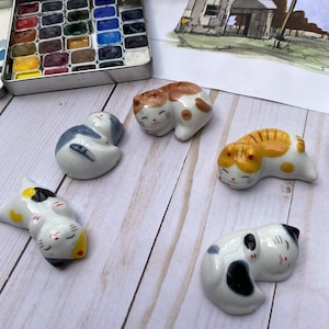 Sleeping Kitty Brush Rest, Cute Cat Ceramic Paint Brush Holder, Watercolor Accessory, Artist Gift, Free Shipping