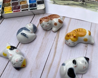 Sleeping Kitty Brush Rest, Cute Cat Ceramic Paint Brush Holder, Watercolor Accessory, Artist Gift, Free Shipping