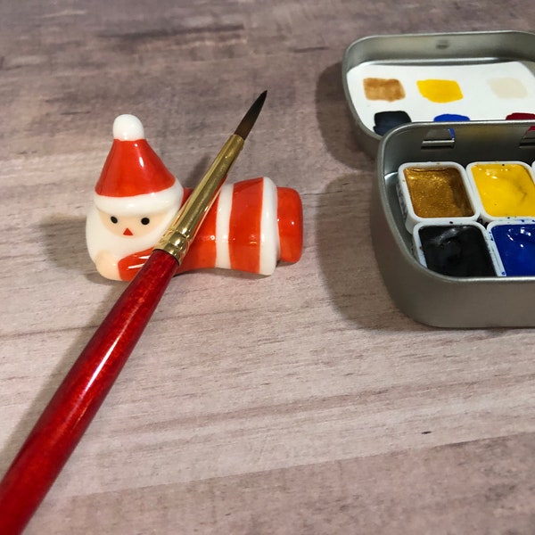 Ceramic Santa Claus Brush Rest, Cute Christmas Paint Brush Holder, Watercolor Accessory,  Holiday Christmas Gift for Artist