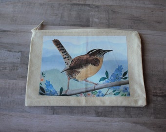 Carolina Wren with Blue Ridge Mountains, Original Watercolor Art Canvas Zipper Pouch, Travel Paint Bag, Makeup Bag 9x6, Artist Gift