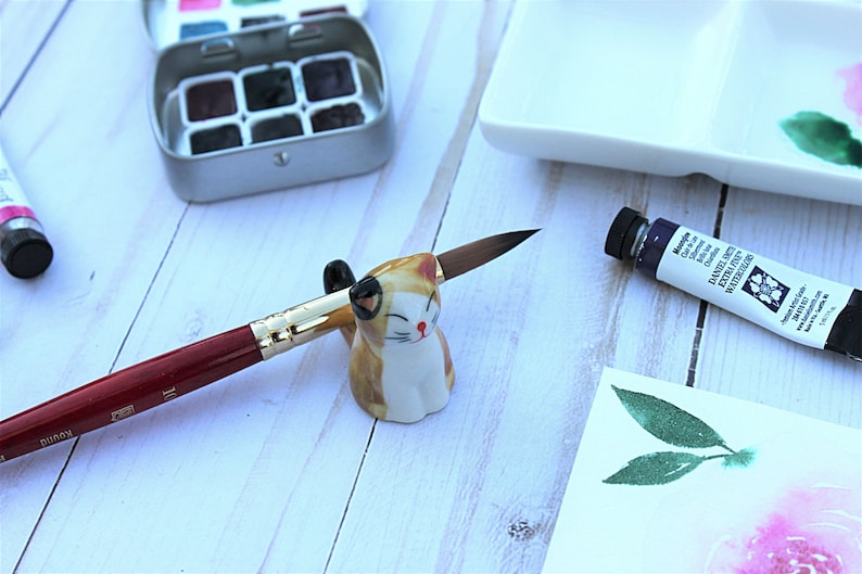 Cute Kitty Brush Rest, Kawaii Cat Ceramic Paint Brush Holder, Watercolor Accessory, Artist Gift, Free Shipping image 1