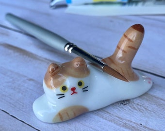 Laying Stretched Beige, Orange, & White Kitty Cat Brush Holder, Watercolor Accessory, Pen Rest, Artist Gift, Free Shipping