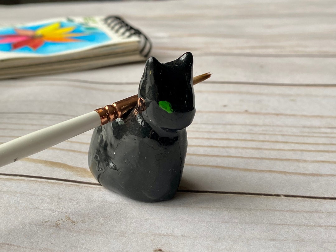 Green Eyed Black Cat Brush Rest Handmade Cat Paint Brush Etsy