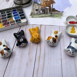 Stretched Kitty Brush Rest, Cute Kawaii Cat Ceramic Paint Brush Holder, Watercolor Accessory, Artist Gift, Free Shipping