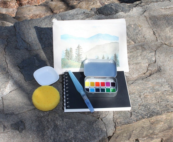 Watercolor Travel Kit, Medium 100% Cotton Cold Press Book, Canvas Bag,  Compact Palette, Pentel Water Brush, Ceramic Mixing Dish, Artist Gift 