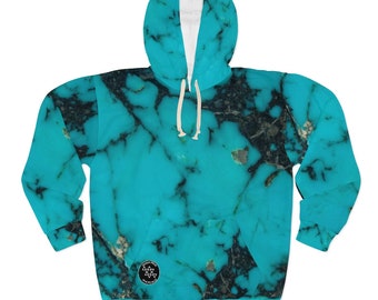 Blue Turquoise Stone Graphic Pullover Hoodie - Stone Inspired- Streetwear, Festival Clothing, Rock Collector Gear, Abstract Apparel