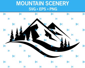 Paysage de montagne avec des arbres SVG. Fichier de coupe vectorielle pour Cricut, Silhouette, autocollant, sticker, vinyle, épingle, Png Eps