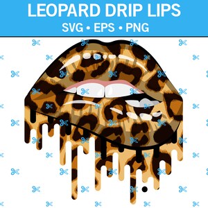 May include: Leopard print lips with dripping detail. The lips are open and the teeth are visible. The background is white with a pattern of blue scissors.