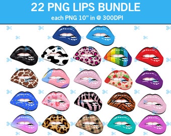 May include: A set of 22 digital lip graphics in various colors and patterns, including cow print, leopard print, zebra print, and rainbow. Each graphic is 10 inches in size at 300 DPI.