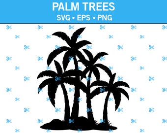 May include: Silhouette of four palm trees with black trunks and green fronds against a white background.