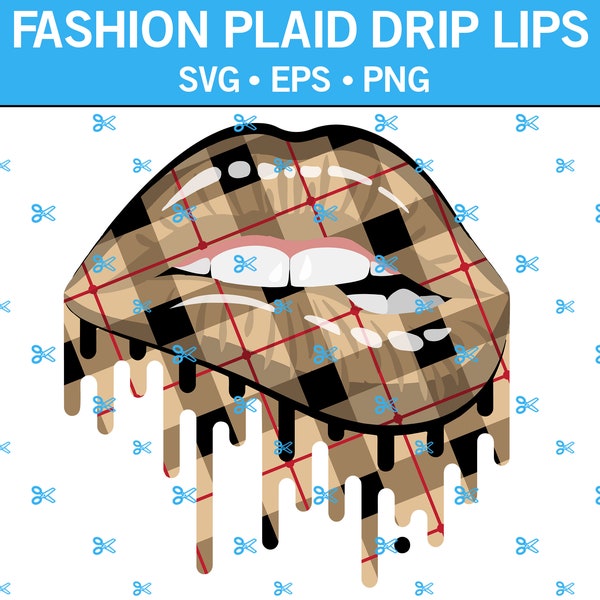 Fashion Plaid Drip Lips SVG, Print and Cut Lips, Dripping Lips, Biting Lips, Lips, Lipstick Lips, Fashion Lips, Designer Lips, Plaid Pattern