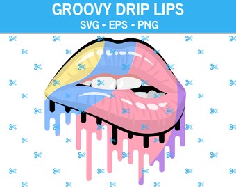 May include: A colorful illustration of lips with a dripping effect. The lips are divided into sections of yellow, blue, and pink, with black drips. The text "GROOVY DRIP LIPS" is at the top, along with "SVG • EPS • PNG".