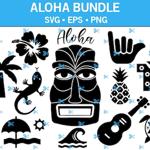 Paquete SVG Aloha, SVG hawaiano, SVG de piña, SVG de lagarto, SVG de tortuga, SVG de playa, SVG de máscara hawaiana, EPS, PNG, SVG