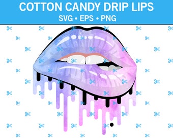 May include: A digital graphic of lips in a cotton candy color scheme, with blue, purple, and pink hues. The lips have a glossy finish and black drips. The text "COTTON CANDY DRIP LIPS" is at the top, with "SVG • EPS • PNG" below.