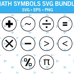 Könnte beinhalten: Ein Satz von 10 schwarzen und weißen mathematischen Symbolen in Kreisen. Die Symbole umfassen Plus, Minus, Multiplizieren, Dividieren, Gleich, Größer als, Kleiner als, Ungefähr gleich, Prozent und Pi.
