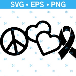May include: Black graphic of a peace symbol, two hearts, and a ribbon. The text "SVG • EPS • PNG" is at the top. The background is white with a pattern of small blue scissors.