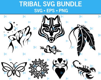 Tribal SVG Bundle, Wolf Head Svg, Tribal Feathers Svg, Howling Wolf with Moon and Stars Svg, Tribal Hearts Svg, Eps, Png, Svg