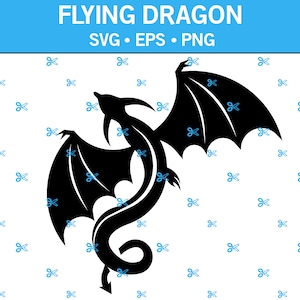 May include: A black silhouette of a flying dragon with large wings and a curved body. The dragon is set against a white background with a pattern of small blue scissors. The text "FLYING DRAGON SVG • EPS • PNG" is at the top.