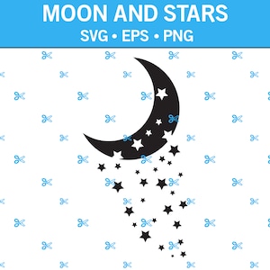 Moon With Falling Stars SVG. Vector Cut file for Cricut, Silhouette, Sticker, Decal, Vinyl, Pin, Png Eps