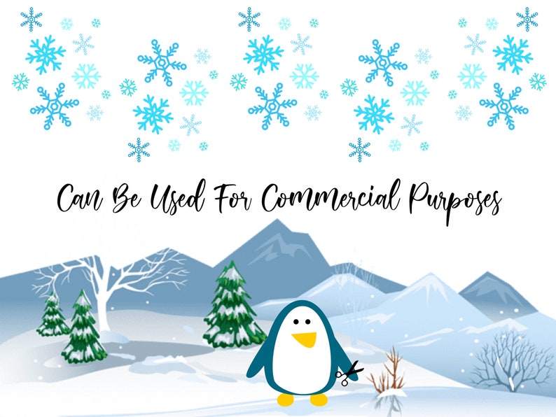 May include: A cartoon penguin with a yellow beak and feet stands in a snowy winter landscape with mountains in the background. The penguin is holding a pair of scissors. The text "Can Be Used For Commercial Purposes" is at the top of the image.