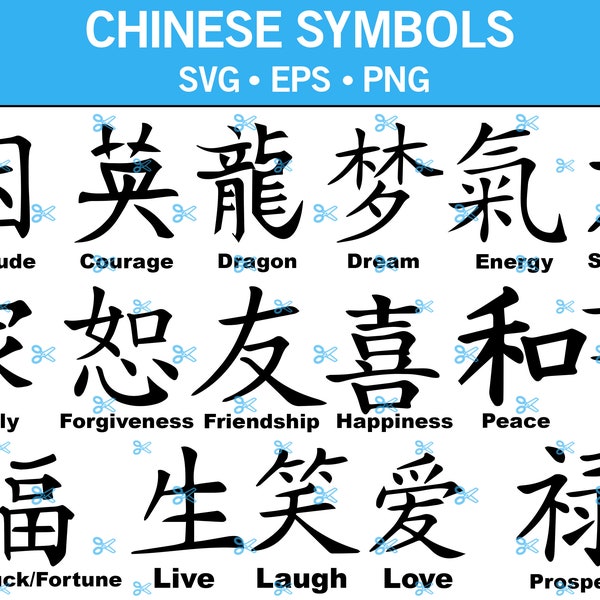 16 Chinese Symbols SVG Bundle, Love, Happiness, Prosperity, Live Love Laugh, Gratitude, Energy, Strength, Good Luck, Eps, Png, Svg