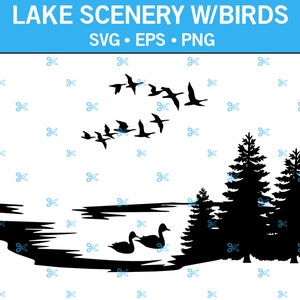 Lake Scenery with Birds and Ducks SVG. Vector Cut file for Cricut, Silhouette, Sticker, Decal, Vinyl, Pin, Png Eps