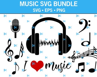 Paquete de SVG de música, SVG de notas musicales, Me encanta la música, SVG de pentagrama, SVG de nota redonda, SVG de auriculares, SVG de micrófono, EPS, PNG, SVG