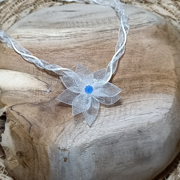 Collier Elfique fleur organza Swarovski bleue