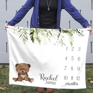 Personalized Bear Baby Milestone Blanket, Monthly Growth Tracker, Personalized Baby Blanket, Custom Blanket, Baby Shower Gift, New Baby Gift