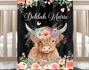 Baby Name Blanket, Highland Cow Baby Name Blanket, Baby Girl Custom Name Blanket, Personalized Baby, Newborn Baby Girl Custom Blanket