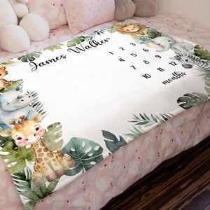 Personalized Safari Animal Baby Milestone Blanket: Monthly Photo Prop ...