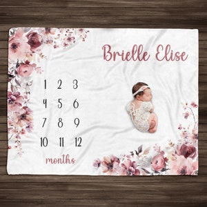 Personalized Pink Floral Baby Milestone Blanket: Monthly Growth Tracker