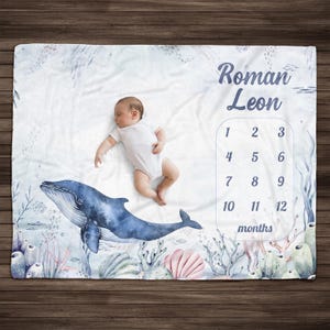 Personalized Ocean Baby Milestone Blanket: Whale Fleece Blanket
