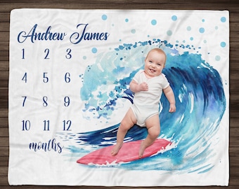 Custom Baby Boy Beach Milestone Blanket, Personalized Baby Name Sign Blanket, Baby Month Blanket, Newborn Baby Gift, Soft Baby Blanket