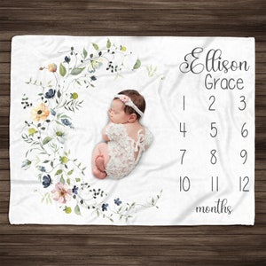 Personalized Wildflower Baby Milestone Blanket, Personalized Baby Month Blanket Vintage Style Botanical Baby Girl Blanket Watercolor Foliage
