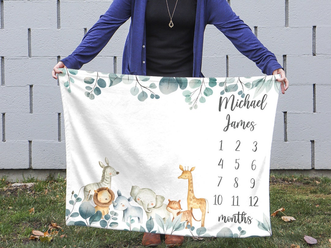 Personalized Safari Animal Milestone Blanket Boy Monthly Photos Blanket ...
