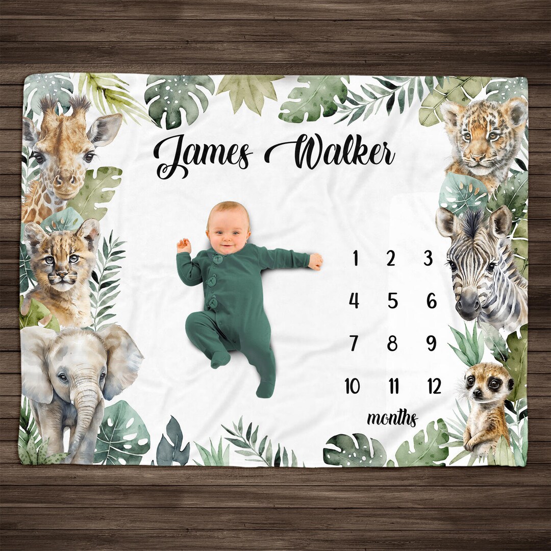 Personalized Safari Animals Baby Milestone Blanket: Monthly Photo Prop ...