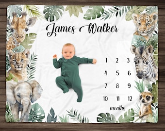 Personalized Safari Animals Baby Milestone Blanket: Monthly Photo Prop