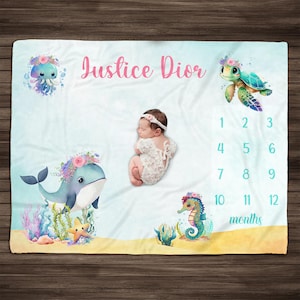 Personalized Baby Girl Milestone Blanket: Ocean Marine Creatures