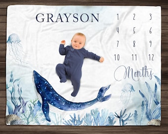 Personalized Baby Monthly Milestone Blanket Boy, Ocean Baby Blanket, Baby Milestone Blanket, Milestone Blanket Boy Monthly Milestone Blanket